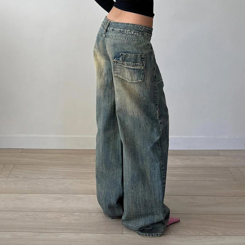 VERONA WIDE-LEG-JEANS MIT DOPPELKNOPF UND USED-WASH