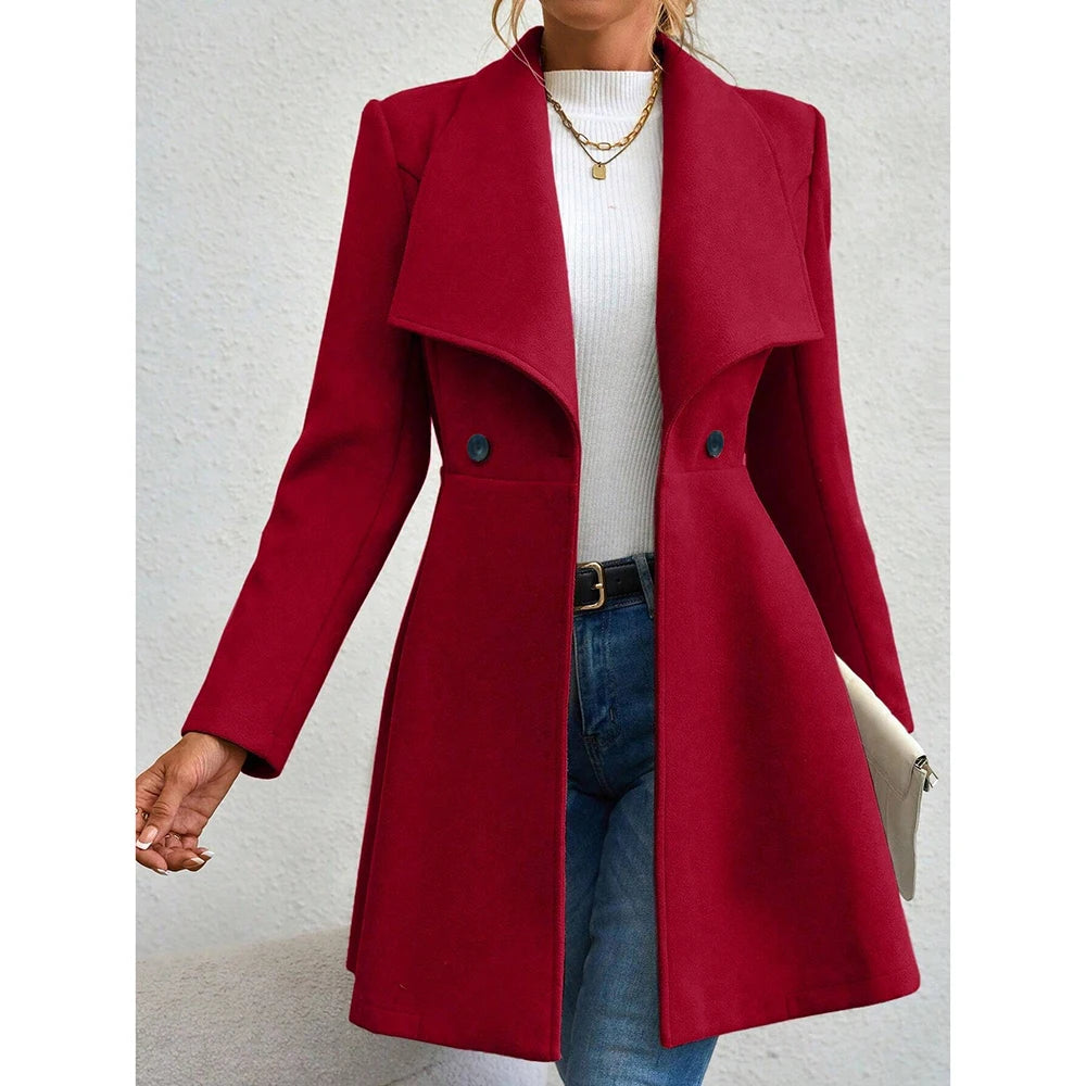 Mia Muse Women's Coats Winter Solid Color Long Sleeve Lapel Button-Up Work Coats New Year Red Valentine's Day Gift Outerwears-2