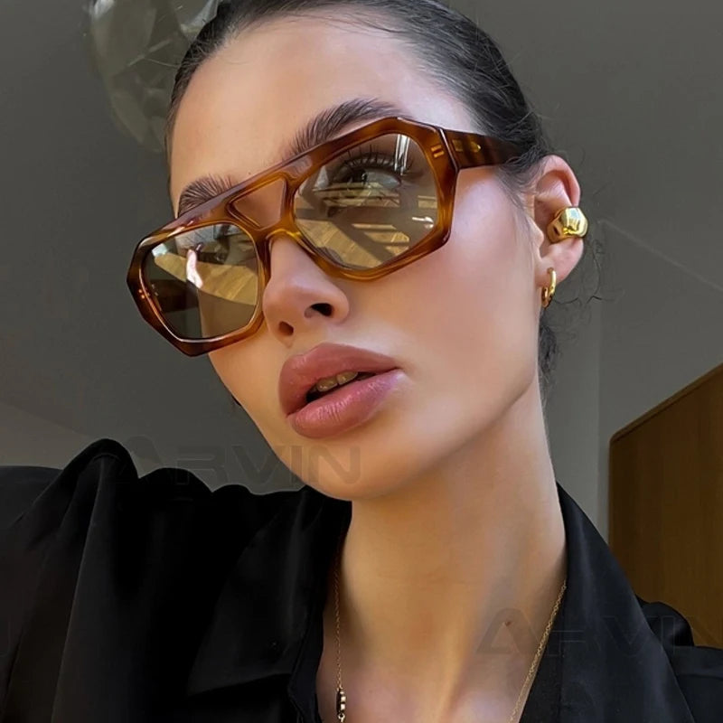 Vintage Square Sunglasses for Women Men Thick Frame Double Bridges Eyewear Female Fashion Chic Polygon Sun Glasses Leopard Blue-3