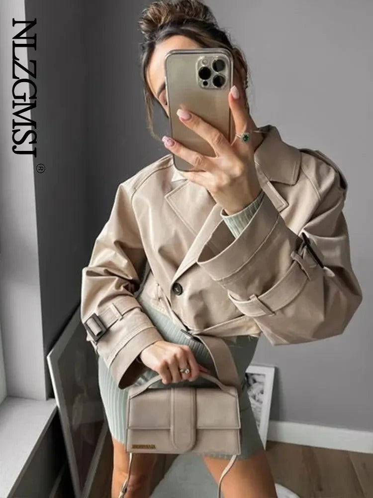 2024 Belt Cropped Trench Spring Jacket Women Vintage Streetwear Double Breasted Long Sleeve Top Female Coat Outfits-3
