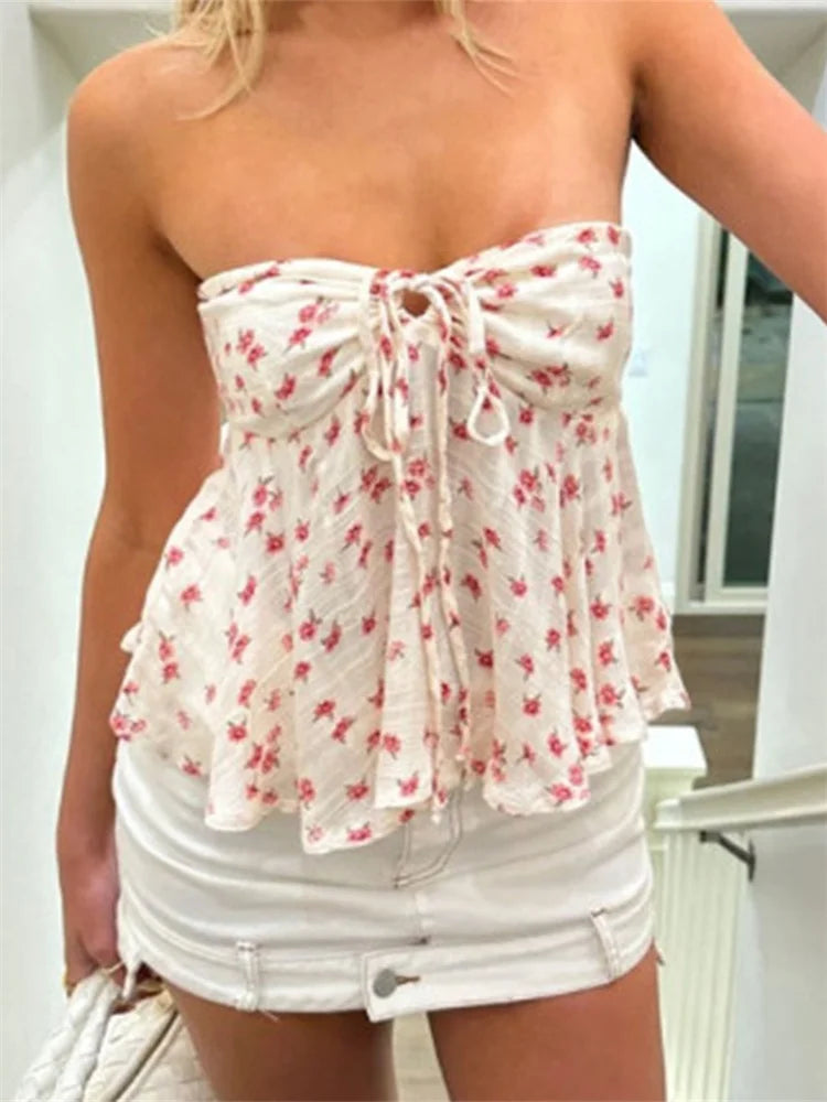 MALIA – TRÄGERLOSE RÜSCHEN-WESTE MIT FLORALEM PRINT AUS BAUMWOLLE