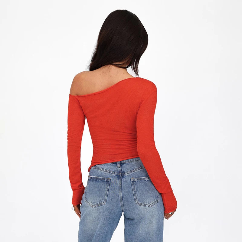 MIRA – LANGARMSHIRT MIT SCHULTER-AUSSCHNITT IN ORANGE