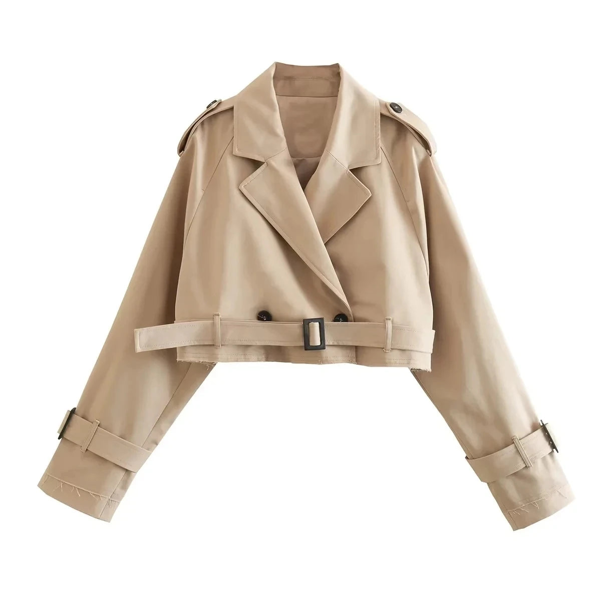 2024 Belt Cropped Trench Spring Jacket Women Vintage Streetwear Double Breasted Long Sleeve Top Female Coat Outfits-1