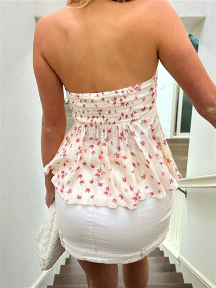 MALIA – TRÄGERLOSE RÜSCHEN-WESTE MIT FLORALEM PRINT AUS BAUMWOLLE