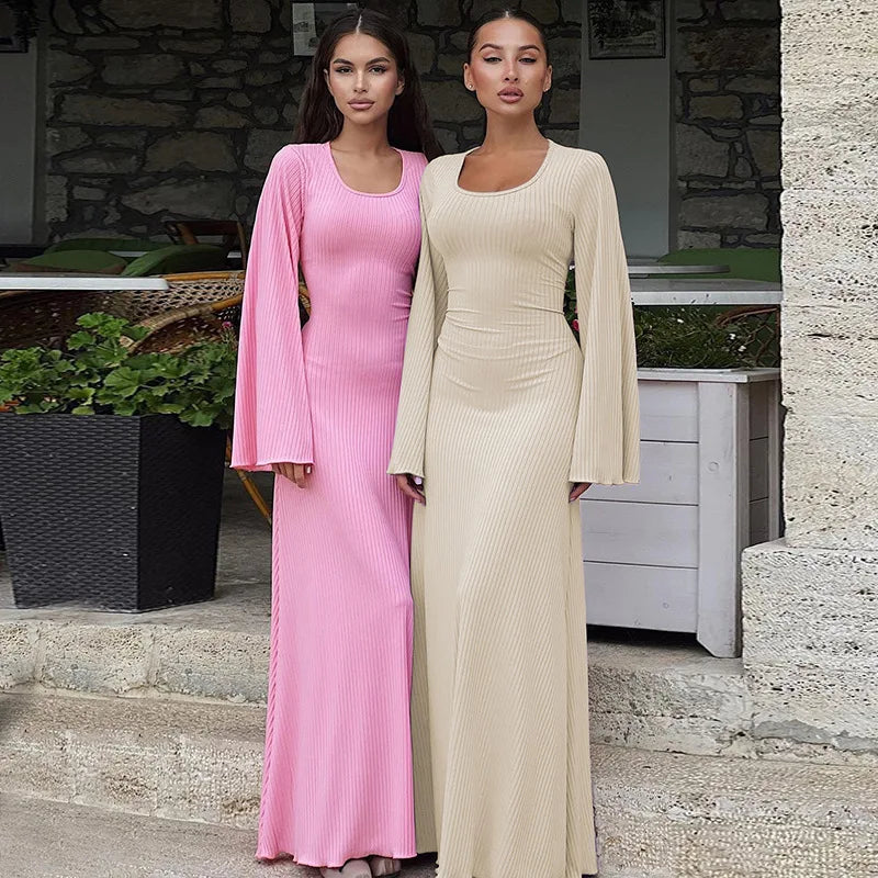 Solid gerippte Trompete Langarm Langarm Maxi Kleider Back Schnürbänder elegant lässig für Frauen ein wenig dünnere Kleider aller Jahreszeiten 1
