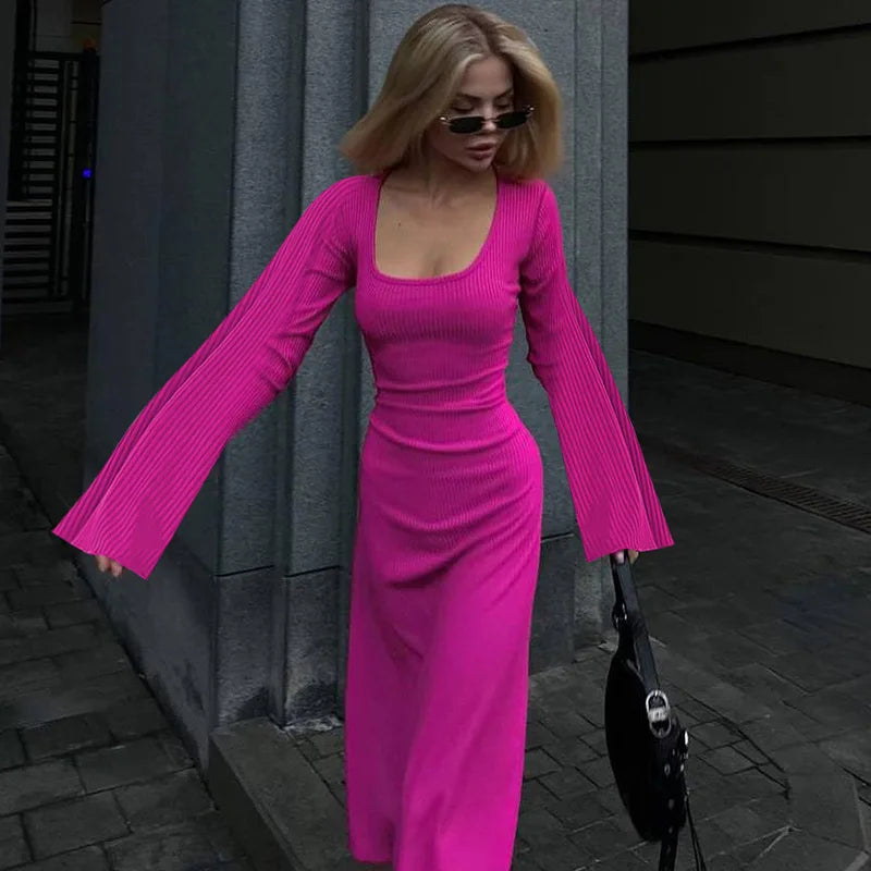Solid gerippte Trompete Langarm Langarm Maxi Kleider Back Schnürbänder elegant lässig für Frauen ein wenig dünnere Kleider aller Jahreszeiten 2