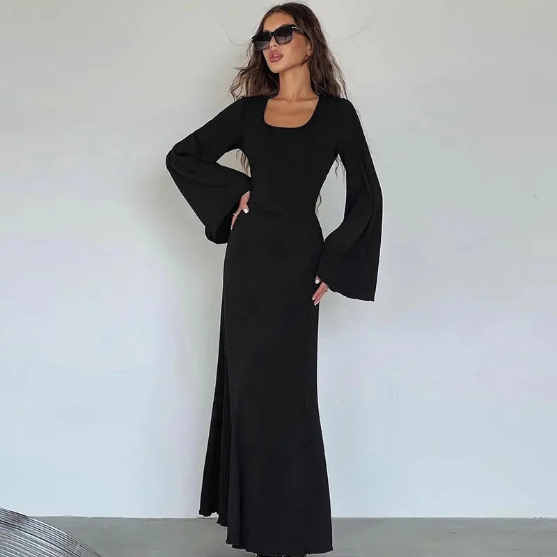 Solid gerippte Trompete Langarm Langarm Maxi Kleider Back Schnürbänder elegant lässig für Frauen ein wenig dünnere Kleider aller Jahreszeiten 3