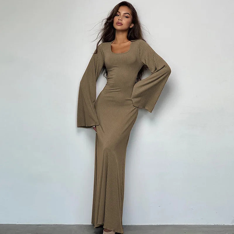 Solid gerippte Trompete Langarm Langarm Maxi Kleider Back Schnürbänder elegant lässig für Frauen ein wenig dünnere Kleider aller Jahreszeiten 4