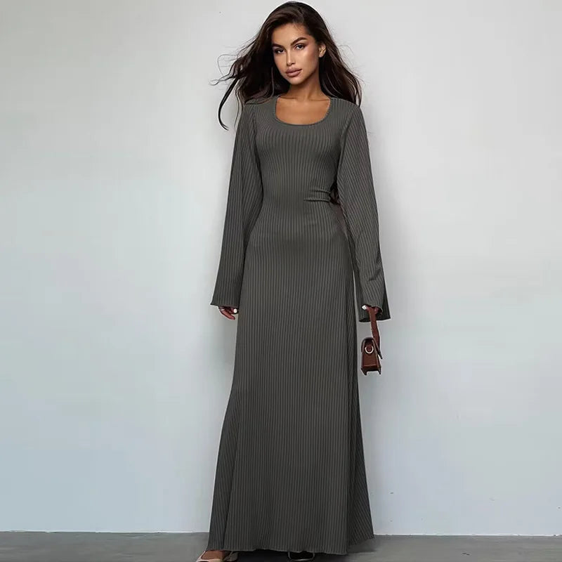 Solid gerippte Trompete Langarm Langarm Maxi Kleider Back Schnürbänder elegant lässig für Frauen ein wenig dünnere Kleider aller Jahreszeiten 6