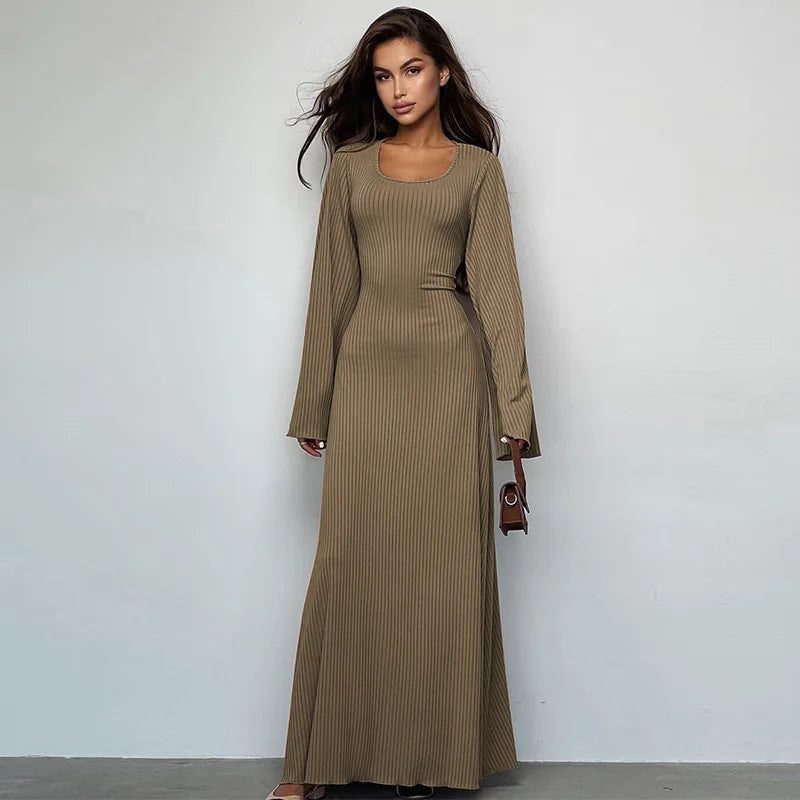 Solid gerippte Trompete Langarm Langarm Maxi Kleider Back Schnürbänder elegant lässig für Frauen ein wenig dünnere Kleider aller Jahreszeiten 8