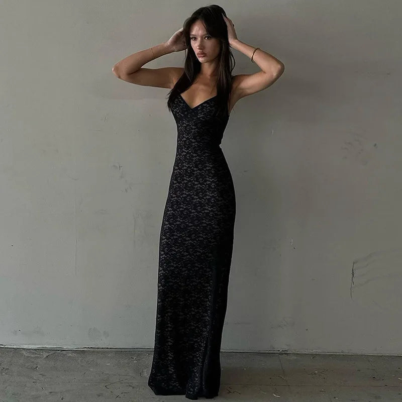 Spitzenperspektive Low geschnittene Slim Sling Women Kleid 2024 Neue V -Hals -Wrap -Hüfte transparent lange Kleiderparty sexy Club Abendkleid 1
