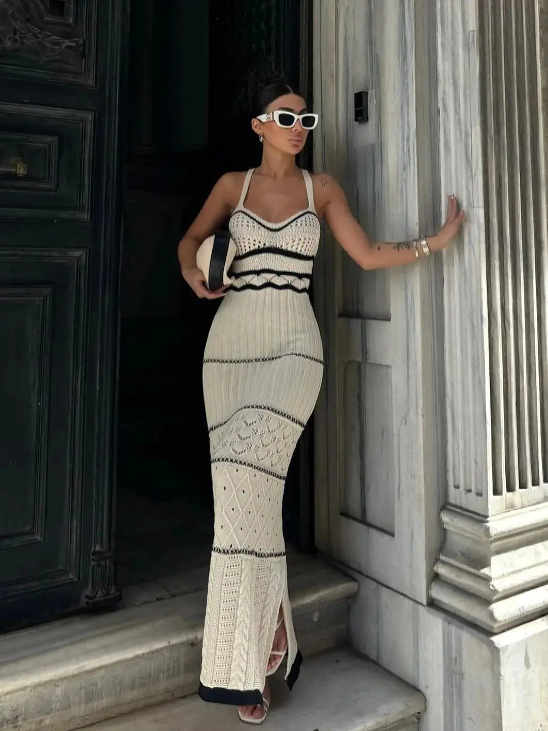 Striped Elegant Strick Häkelkleid Frauen 2025 Sommer Strand 6