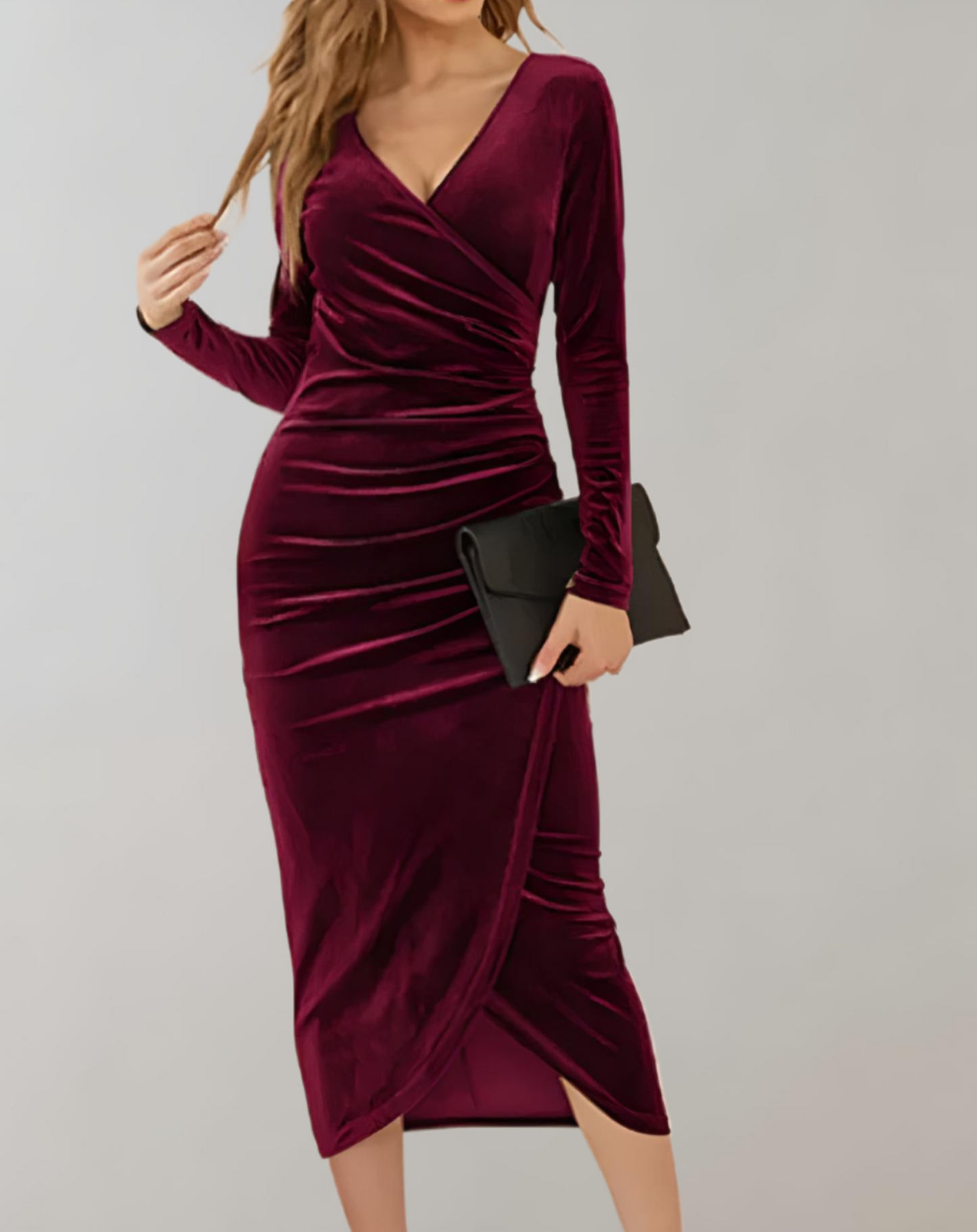 ZARIAH VELVET DRESS – SAMT-WICKELKLEID MIT LANGEN ÄRMELN UND RÜSCHEN