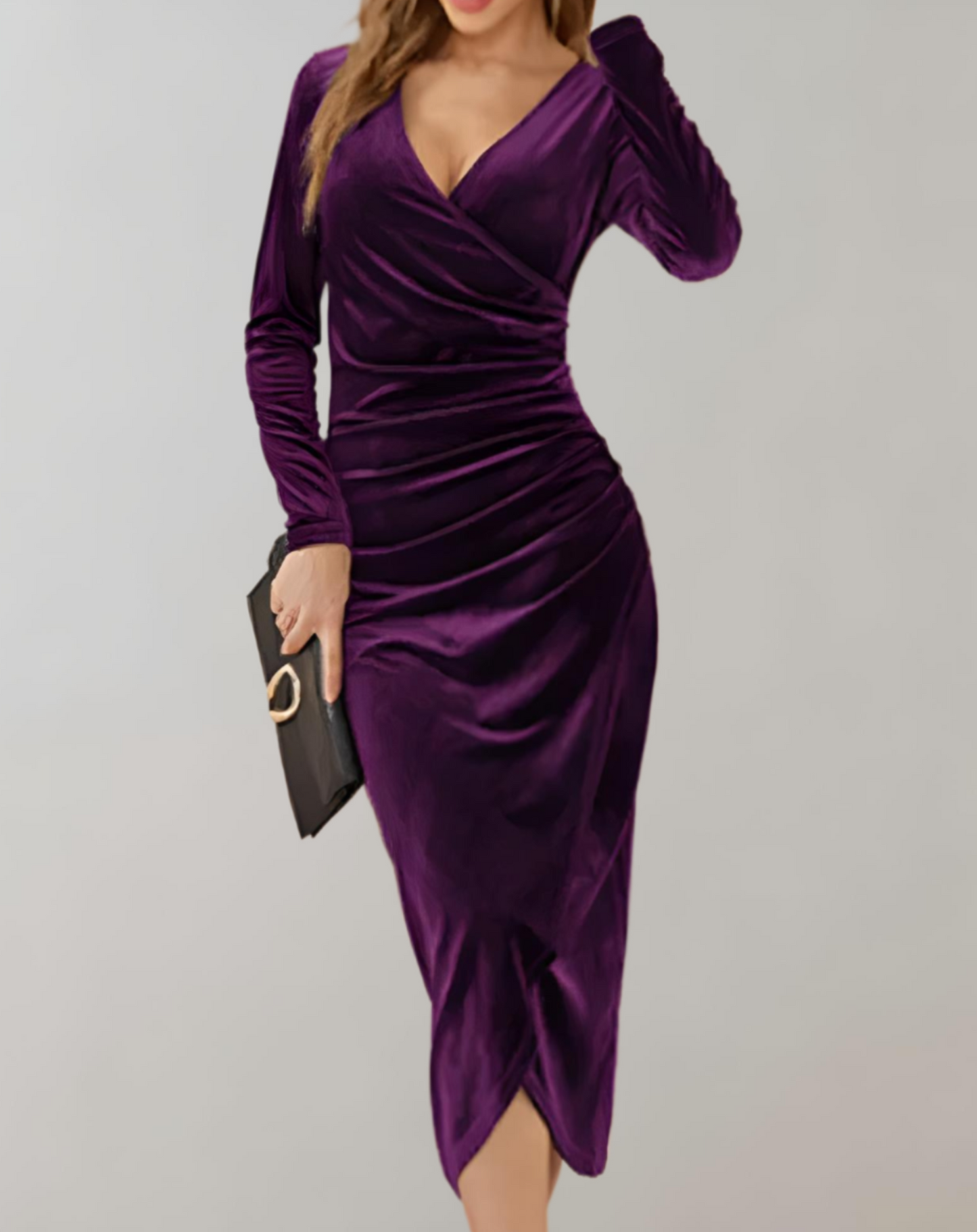 ZARIAH VELVET DRESS – SAMT-WICKELKLEID MIT LANGEN ÄRMELN UND RÜSCHEN