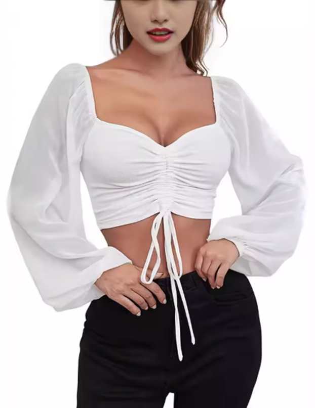 Variant image for Damen Crop Top Schwarz Größe M Polyester mit Transparenten Ärmeln und Raffung-21