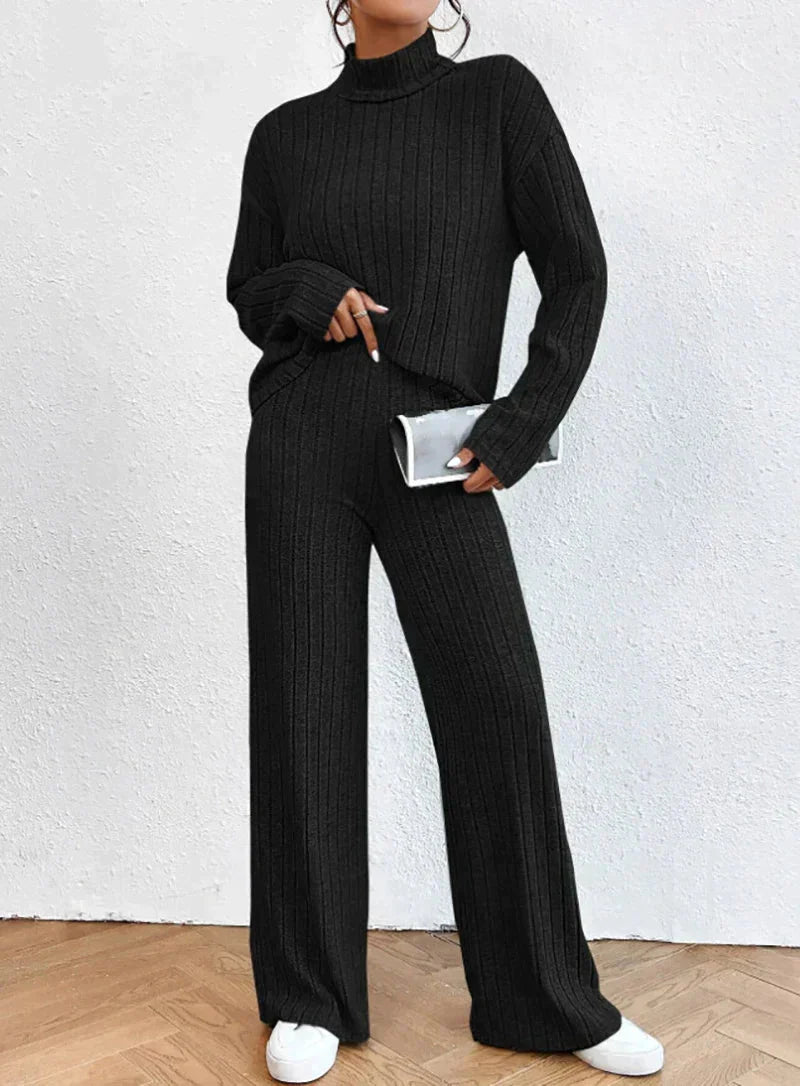 ZELINA ZWEITEILIGES FEINSTRICK-SET – DAMEN-STRICKSET MIT BAUMWOLL-ROLLKRAGENPULLOVER UND TAILLIERTER HOSE
