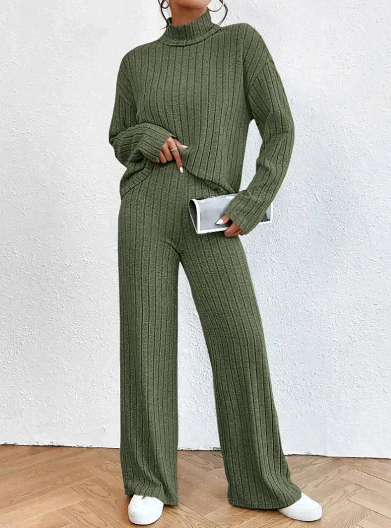 ZELINA ZWEITEILIGES FEINSTRICK-SET – DAMEN-STRICKSET MIT BAUMWOLL-ROLLKRAGENPULLOVER UND TAILLIERTER HOSE