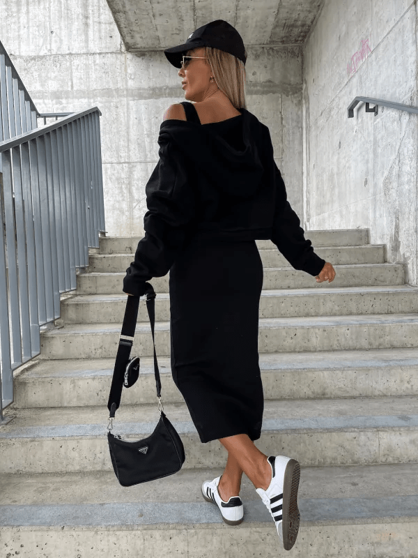 MIRELLA – GRAUES ZWEITEILER-SET AUS BAUMWOLLE MIT OFF-SHOULDER-SWEATER