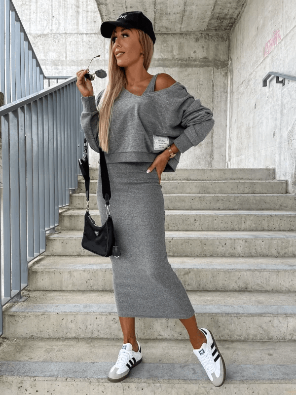 MIRELLA – GRAUES ZWEITEILER-SET AUS BAUMWOLLE MIT OFF-SHOULDER-SWEATER