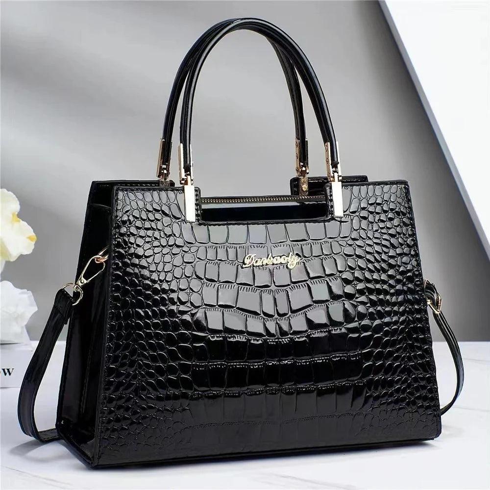 Damen Handtasche Schwarz Einheitsgröße Kunstleder mit Krokodilleder-Optik-2