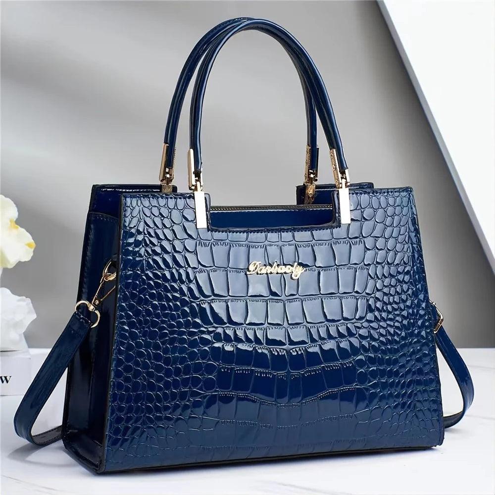 Damen Handtasche Schwarz Einheitsgröße Kunstleder mit Krokodilleder-Optik-3