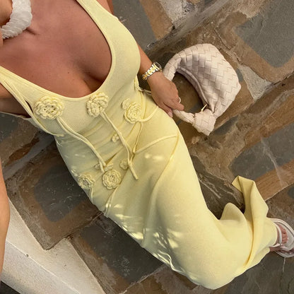 2025 Sommer Neue Strandkleider Frauen Mode 3d Blume schlanker rückenfreier Langkleid Urlaub ärmellose Maxi Körperkinne Kleider 2