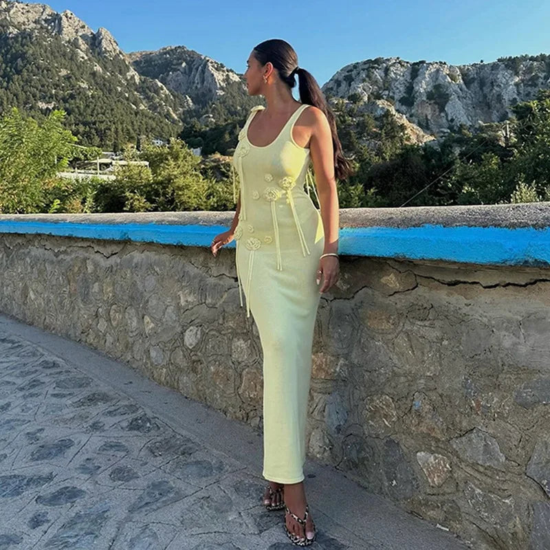 2025 Sommer Neue Strandkleider Frauen Mode 3d Blume schlanker rückenfreier Langkleid Urlaub ärmellose Maxi Körperkinne Kleider 4
