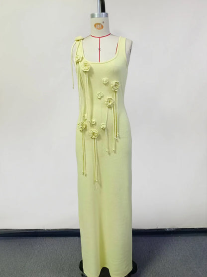 2025 Sommer Neue Strandkleider Frauen Mode 3d Blume schlanker rückenfreier Langkleid Urlaub ärmellose Maxi Körperkinne Kleider 5