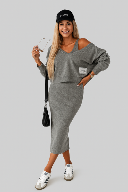 MIRELLA – GRAUES ZWEITEILER-SET AUS BAUMWOLLE MIT OFF-SHOULDER-SWEATER