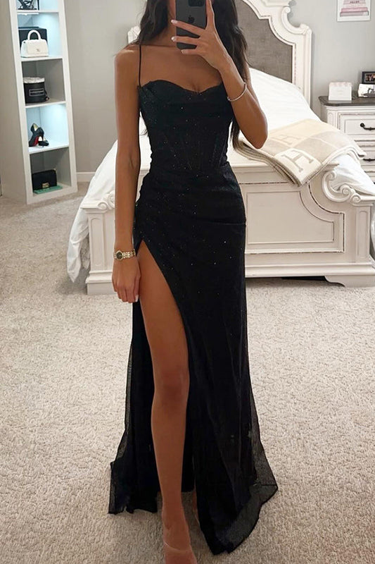 MAELYS ABENDKLEID – ELEGANTES DAMEN-GLITZER-ABENDKLEID MIT BEINSCHLITZ