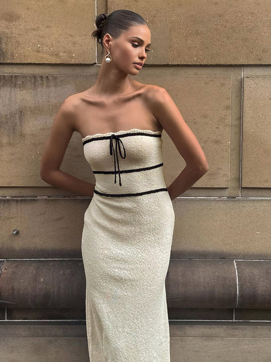 AMARIS BUSTIERKLEID – DAMEN-OFF-SHOULDER-BOUCLÉ KLEID MIT KONTRASTPASPELIERUNG