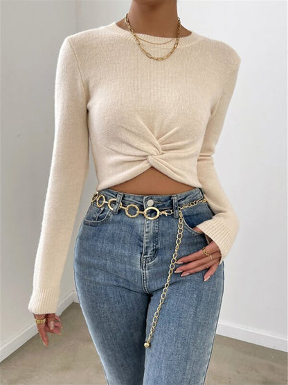 ELIN CROP TOP – BEIGES CROP TOP FÜR DAMEN MIT KNOTEN VORNE UND AUSGESTELLTEN ÄRMELN