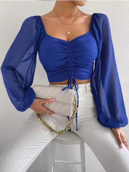 AYLEN CROP TOP – CHIFFON BLUSE MIT LANGEN ÄRMELN UND KORSETTDETAILS