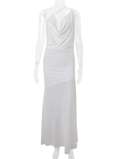 Blifanbo sexy Spaghetti -Riemen durch ärmellose weiße hohe Taille Maxi Kleid für Frauen Rückenless Patchwork Sommerparty Kleid 5