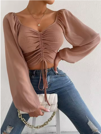 Variant image for Damen Crop Top Schwarz Größe M Polyester mit Transparenten Ärmeln und Raffung-17