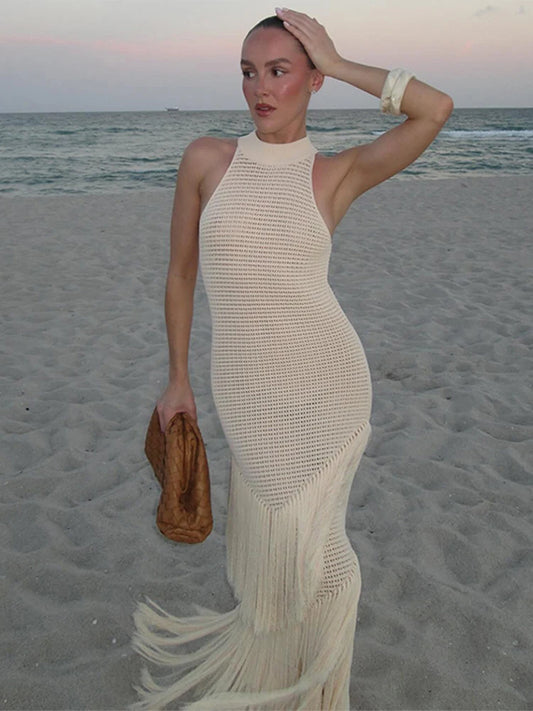 Chic Strick Quaste Long Kleid für Frauen halbhälfte ärmellose hohl aus transparentes Robe 2025 Sommer elegante weibliche Strandkleider 0