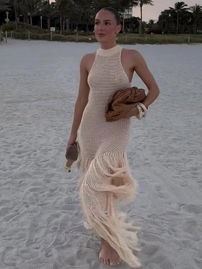 Chic Strick Quaste Long Kleid für Frauen halbhälfte ärmellose hohl aus transparentes Robe 2025 Sommer elegante weibliche Strandkleider 1