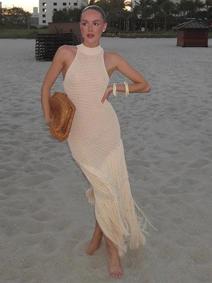 Chic Strick Quaste Long Kleid für Frauen halbhälfte ärmellose hohl aus transparentes Robe 2025 Sommer elegante weibliche Strandkleider 2