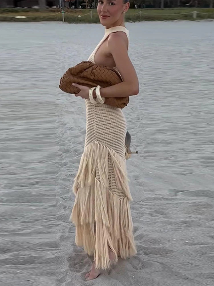 Chic Strick Quaste Long Kleid für Frauen halbhälfte ärmellose hohl aus transparentes Robe 2025 Sommer elegante weibliche Strandkleider 3