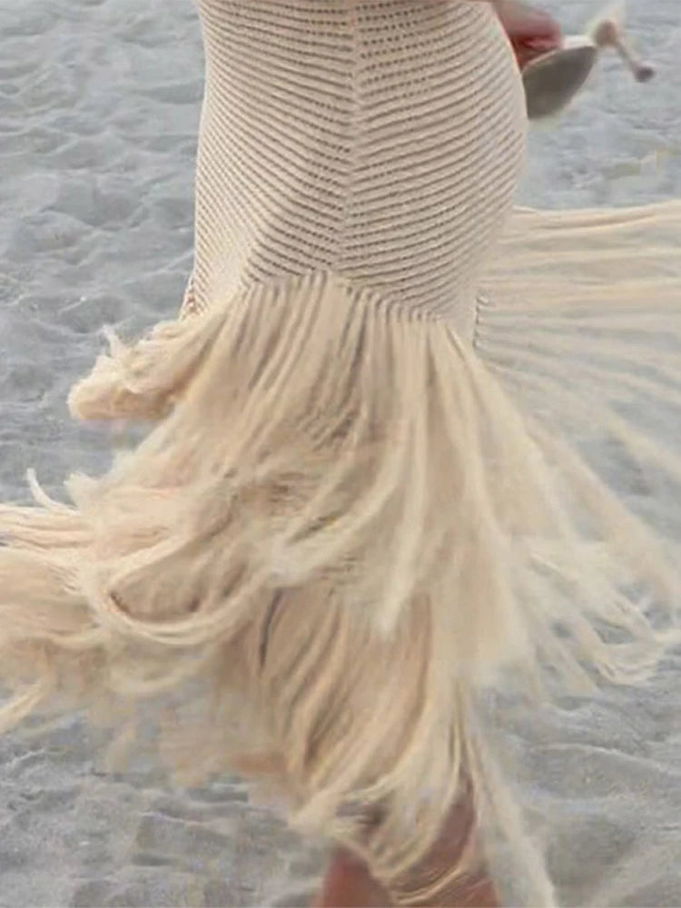 Chic Strick Quaste Long Kleid für Frauen halbhälfte ärmellose hohl aus transparentes Robe 2025 Sommer elegante weibliche Strandkleider 5