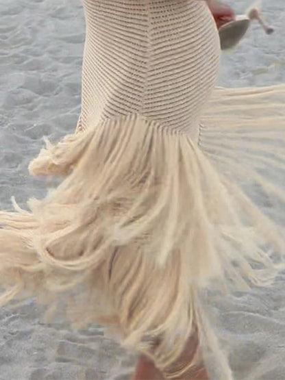 Chic Strick Quaste Long Kleid für Frauen halbhälfte ärmellose hohl aus transparentes Robe 2025 Sommer elegante weibliche Strandkleider 5