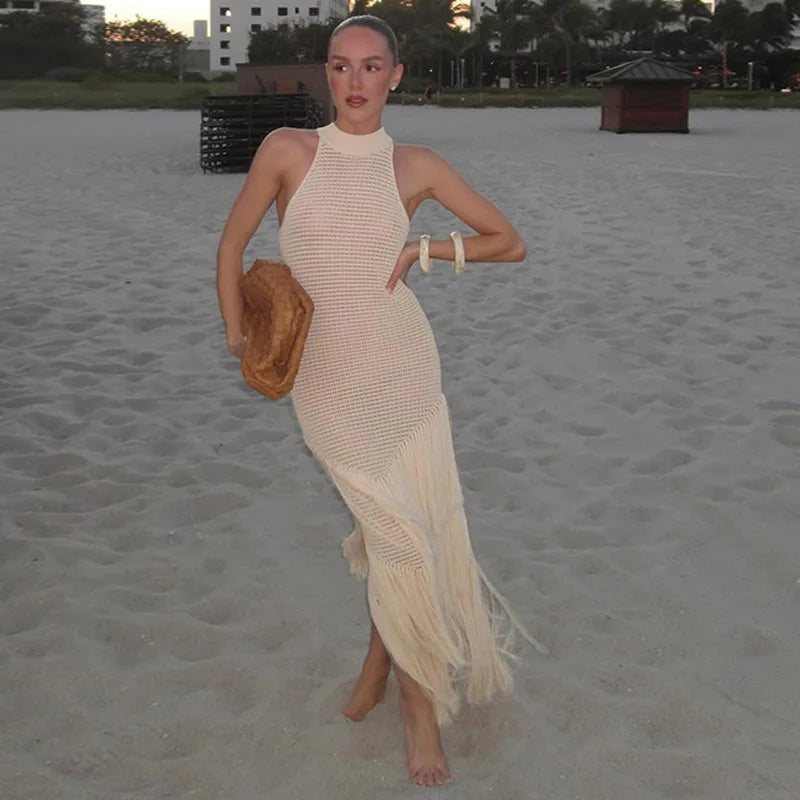 Chic Strick Quaste Long Kleid für Frauen halbhälfte ärmellose hohl aus transparentes Robe 2025 Sommer elegante weibliche Strandkleider 6