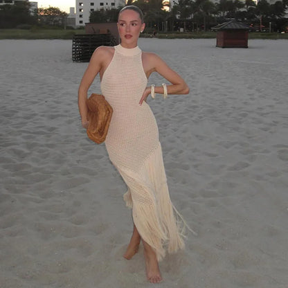 Chic Strick Quaste Long Kleid für Frauen halbhälfte ärmellose hohl aus transparentes Robe 2025 Sommer elegante weibliche Strandkleider 6