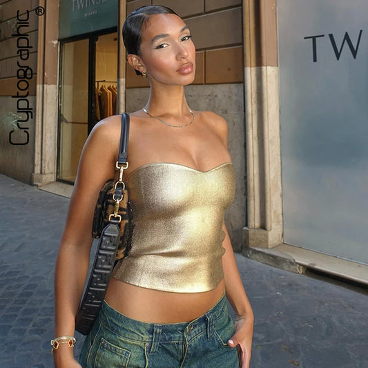 Cryptographic Fashion Vintage trägerloser Gold Crops Party Club Outfits für Women Tube Weste sexy Rückenless Bustier Tops Y2K 0