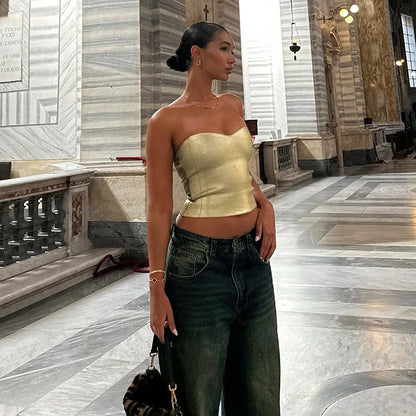 Cryptographic Fashion Vintage trägerloser Gold Crops Party Club Outfits für Women Tube Weste sexy Rückenless Bustier Tops Y2K 2