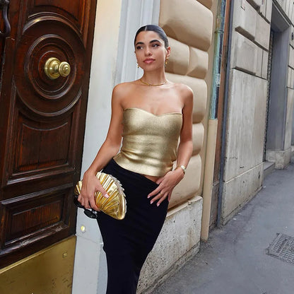 Cryptographic Fashion Vintage trägerloser Gold Crops Party Club Outfits für Women Tube Weste sexy Rückenless Bustier Tops Y2K 5