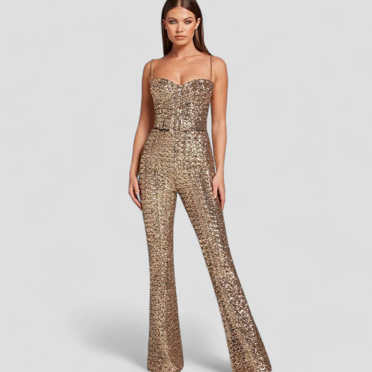 Damen Jumpsuit mit Pailletten, taillierter Schnitt und ausgestelltem Bein für festliche Anlässe 0