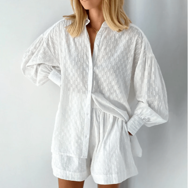 Damen Knopfleistenhemd und Shorts mit Puffärmeln und Manschetten 0