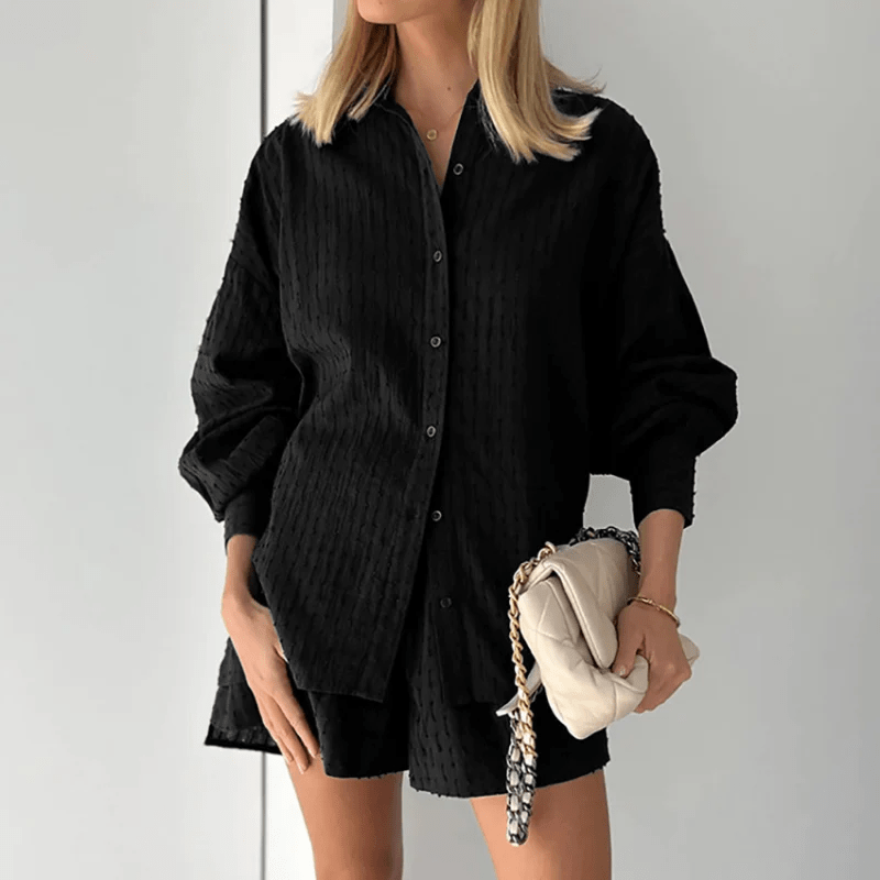 Damen Knopfleistenhemd und Shorts mit Puffärmeln und Manschetten 1