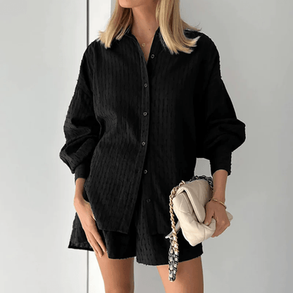 Damen Knopfleistenhemd und Shorts mit Puffärmeln und Manschetten 1